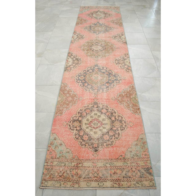 3x12 Vintage Oushak Runner Rug, Faded Salmon Pink and Sage Green Hallway Runner, 1970s Handmade Anatolian Corridor Rug, Kitchen Runner For Sale - Image 6 of 13