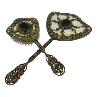 Venetian Brass Filigree Jeweled Mirror and Brush Set For Sale