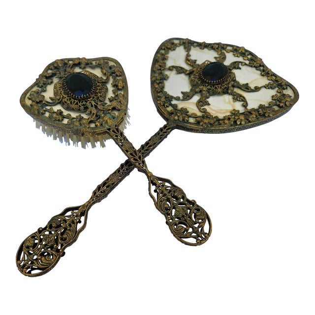 Venetian Brass Filigree Jeweled Mirror and Brush Set For Sale