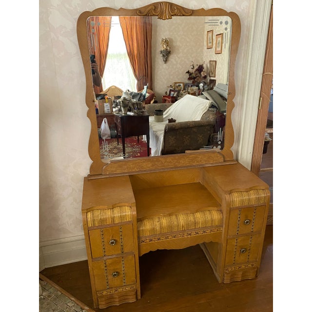 Early 20th Century Vintage Art Nouveau Vanity Desk & Mirror Waterfall Front For Sale - Image 13 of 13