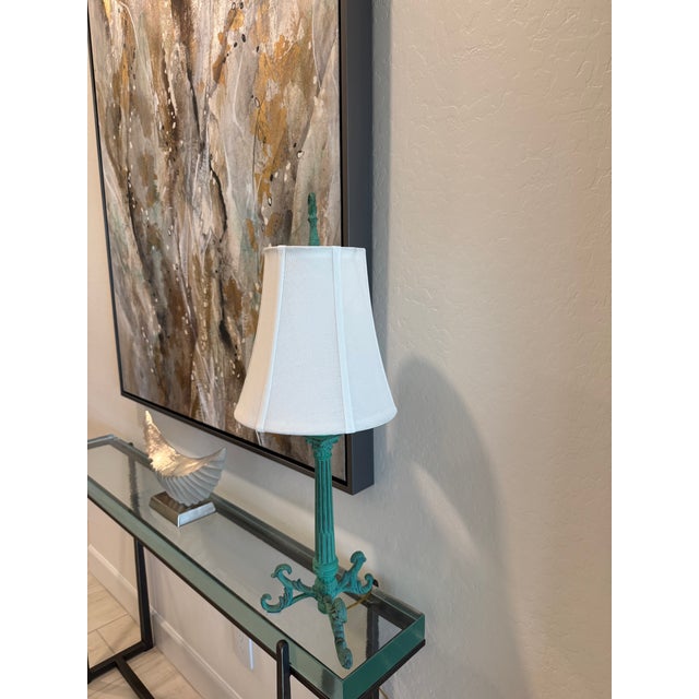 Metal Early 20th Century Verdigris-Green Metal Table Lamp With Neoclassical Tripod Base For Sale - Image 7 of 14
