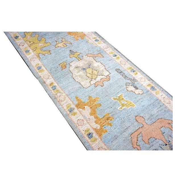 Traditional 21st Century Turkish Oushak Wool 2x9 Gold, Light Blue & Ivory Handmade Runner Rug #1144117 For Sale - Image 3 of 10