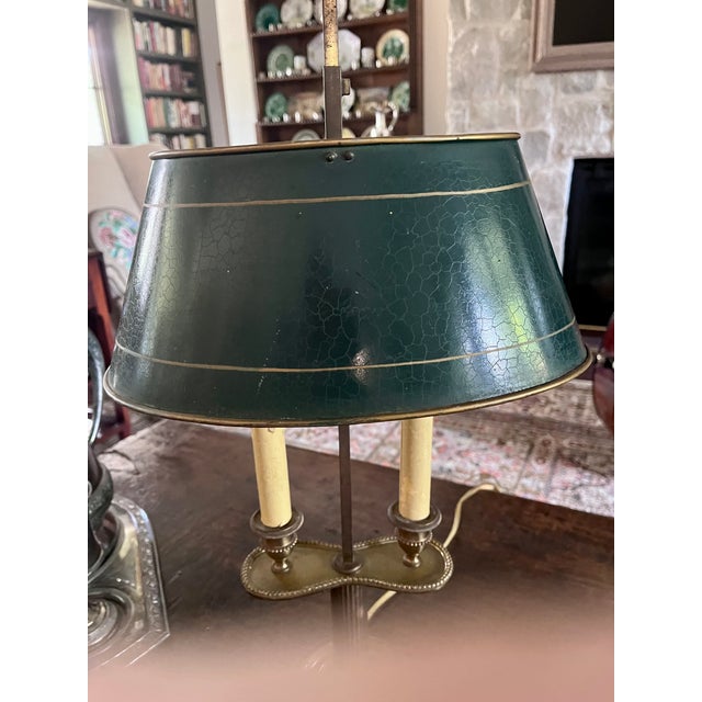 Vintage French Brass Bouillotte Two Candle Lamp W/Green Metal Shade For Sale In Dallas - Image 6 of 14