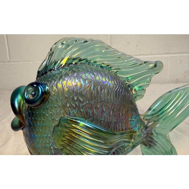 Green Vintage Hand Blown David Tate Studio Glass Iridescent Green Gold Fish Sculpture For Sale - Image 8 of 15