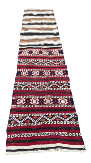 1970s Vintage Nomadic Striped Embroidered Kilim Rug- 2′1″ × 9′1″