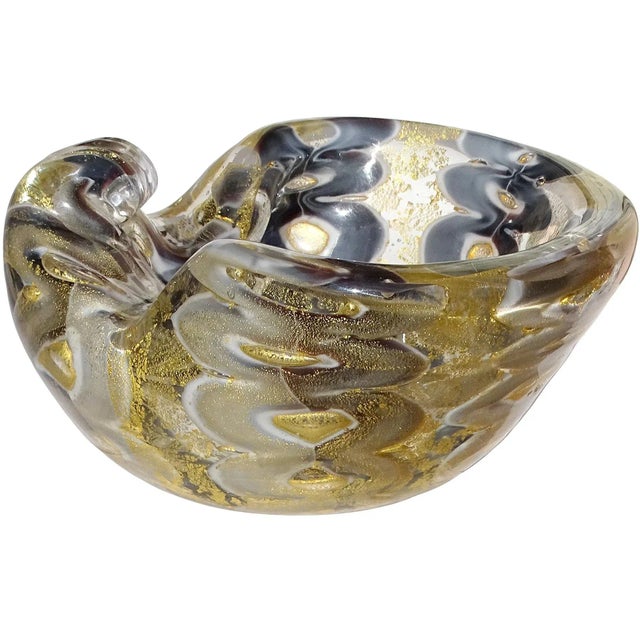 Mid-Century Modern Vintage Murano Barovier Toso Gray Purple Gold Flecks Italian Art Glass Decorative Ashtray Bowl For Sale - Image 3 of 9