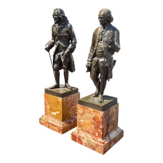 Fine Pair 19th Century Bronze & Marble Classical Sculptures Voltaire & Rousseau For Sale
