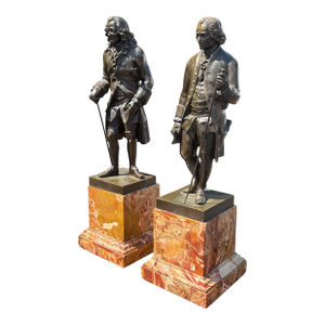 Fine Pair 19th Century Bronze & Marble Classical Sculptures Voltaire & Rousseau
