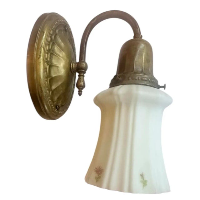 Pair of White Cased Glass Painted Shades on Brass Wall Sconces, Circa 1920 For Sale - Image 4 of 5