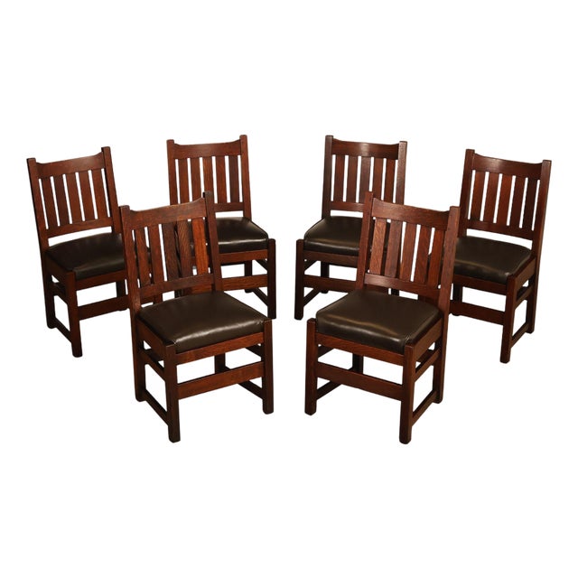 L&JG Stickley Antique Set Of Six U-Back Oak Dining Chairs Model #820 For Sale