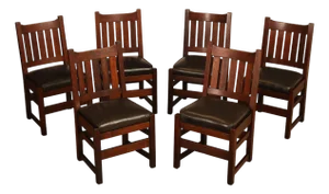 L&JG Stickley Antique Set Of Six U-Back Oak Dining Chairs Model #820