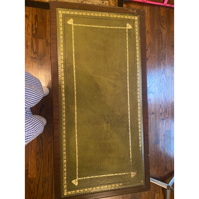 English Vintage English Mahogany Green Tooled-Leather Tea/Occasional Table For Sale - Image 3 of 12
