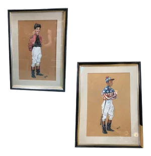 1950s Pastel on Paper Horse Racing Jockey by Hagulaton - a Pair