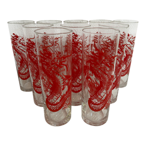 Vintage Red Dragon Chinoiserie Hiball Glasses - Set of 10
