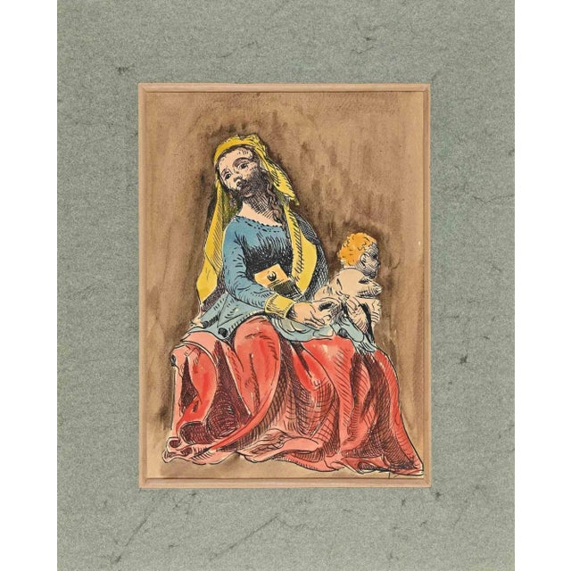 Woman with child is an original Drawing pen and watercolor on paper in pencil realized in the Mid-20th Century. In good...
