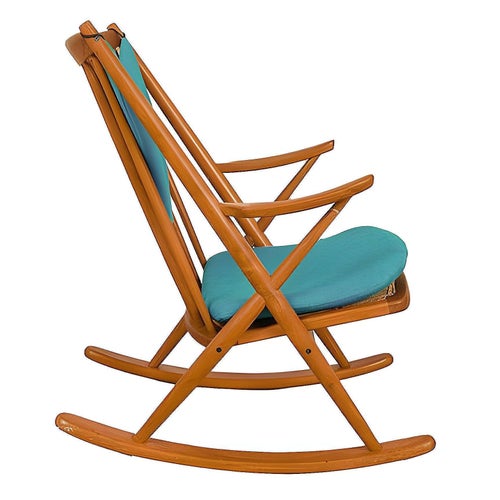 MCM Danish Modern Leather Seat Teak Rocking Chair by Frank