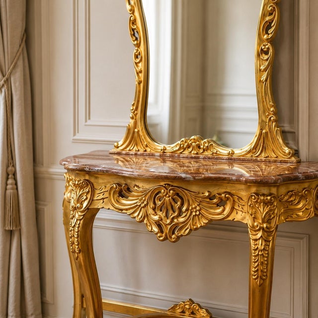 1970s Artisan Louis XVI Gold Beech Console With Mirror - 2 Pc For Sale - Image 6 of 8