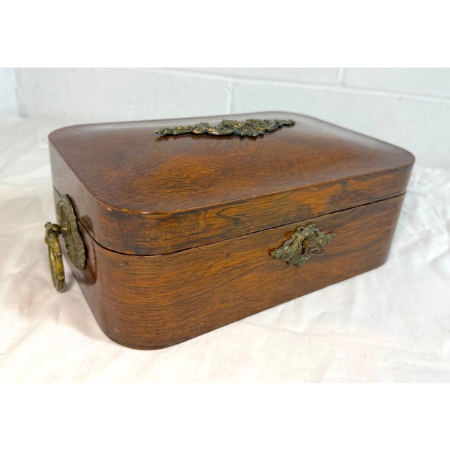 Quality Antique 19th Century Handmade Wood Bronze Writing Lap Desk Domed Box For Sale - Image 4 of 17