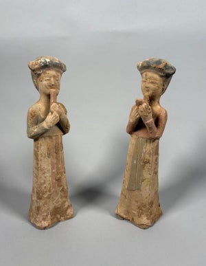 Pair of sculptures of female musicians, Mingqi period, China, Tang Dynasty (618-907)