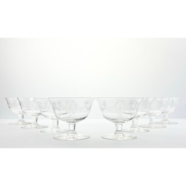 1940s Vintage 10 Etched Coupe Champagne Glasses 3 1/4” 6oz Federalist-Style Excellent condition. No chips, cracks, or...