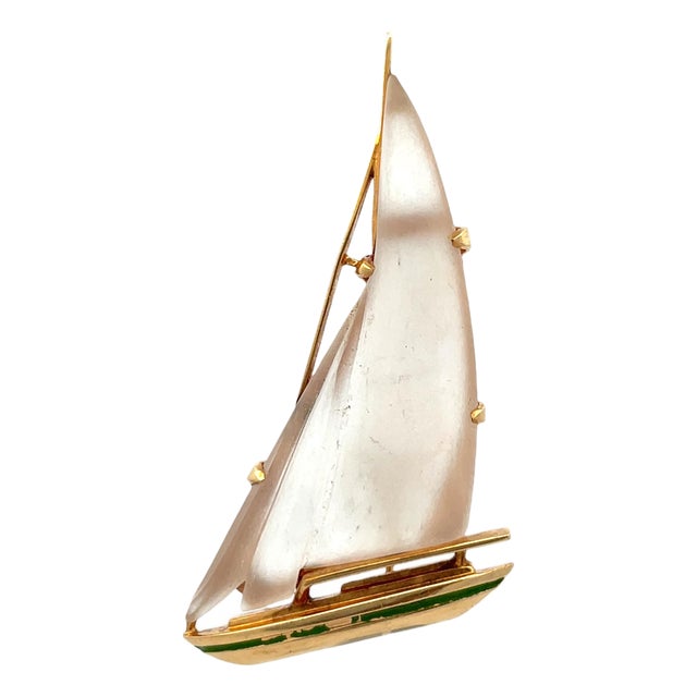 Mid 20th Century 14k Yellow Gold Carved Quartz Sailboat Brooch For Sale