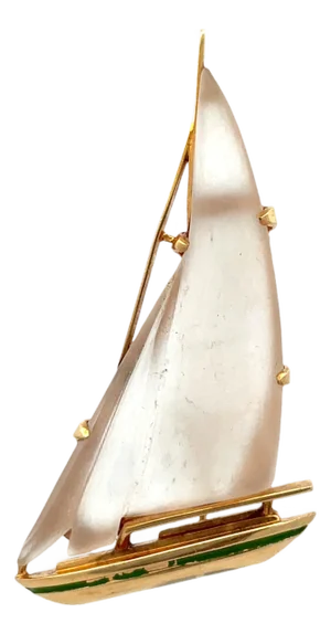 Mid 20th Century 14k Yellow Gold Carved Quartz Sailboat Brooch