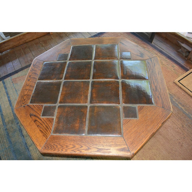Mid-Century Modern Vintage 1970's Mid Century Wood & Brown Glazed Tiled Top Octagonal Coffee Table Germany For Sale - Image 3 of 15