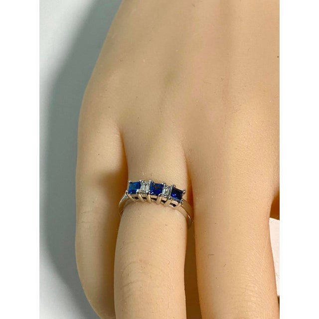 Blue Exquisite Vintage Platinum Ring Emerald-Cut Diamonds Princess-Cut Sapphires, Size 5.5 For Sale - Image 8 of 8