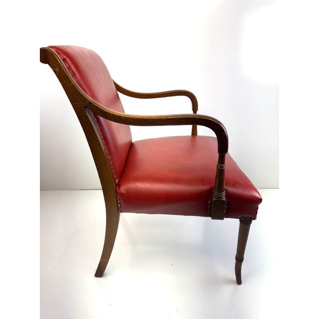 Mid 20th Century Red Leather Armchair With Curved Wood Arms and Brass Nailhead Trim For Sale - Image 10 of 12