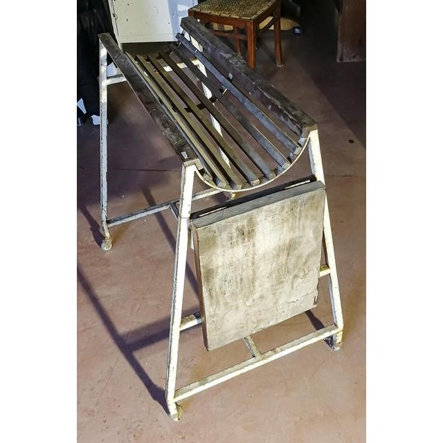 Vintage industrial table, mobile mortadella holder from an old butcher's shop in italy from the 1950s, original: white...