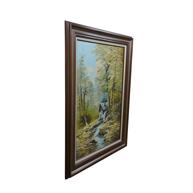 Mid 20th century oil on canvas painting by Horst Hoppman, depicting a forest landscape featuring a quaint water mill over...