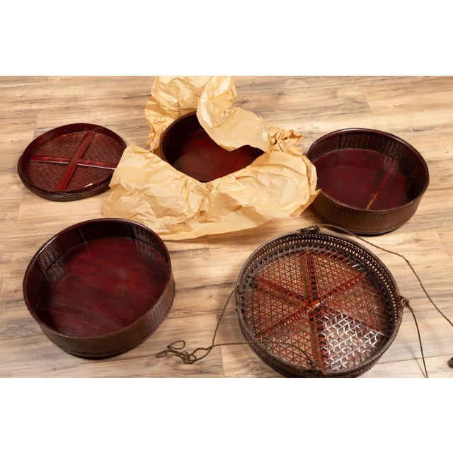 Chinese 19th Century Tiered Food Basket with Stacking Parts, Paper and Rope Ties For Sale - Image 10 of 13