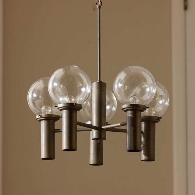 1960s 1960s Robert Long 5-Light Solid Brass & Hand-Blown Glass Chandelier, California Modern For Sale - Image 5 of 14