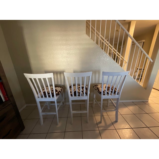 Rustic Farmhouse Whitewash Bar Stools W/ Cowhide Upholstered Seats Set of 3 For Sale - Image 9 of 12