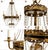 The chandelier has a tall, elegant architectural form built around a central gilded brass stem. Five outward-curving...