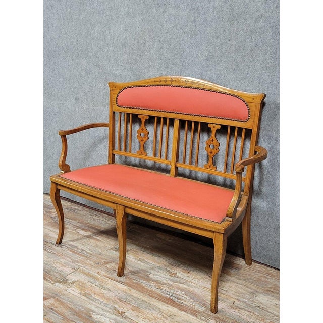 Art Nouveau Bench in Light Wood and Marquetry, 1900 For Sale - Image 3 of 7