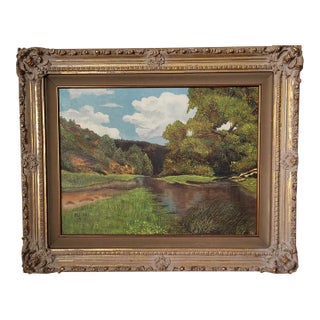 Landscape Oil Painting Meadow Overlooking Pond Signed - Ornate Frame For Sale