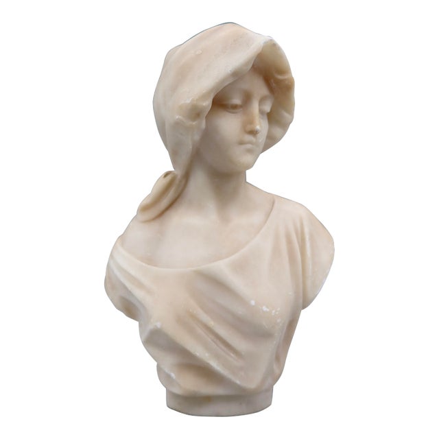 Antique Italian Alabaster Bust, Signed Pugi — Hooded Female Figure, Late 19th / Early 20th Century For Sale