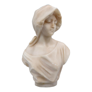 Antique Italian Alabaster Bust, Signed Pugi — Hooded Female Figure, Late 19th / Early 20th Century