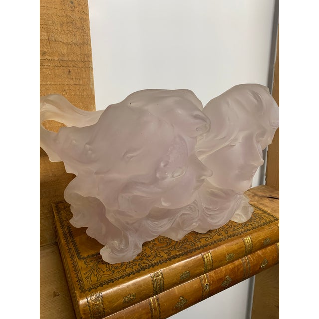 Art Nouveau Style Composition Center Bowl with Female Faces in High Relief. Soft Pink Hue on Faces and Soft Yellow Hue on...