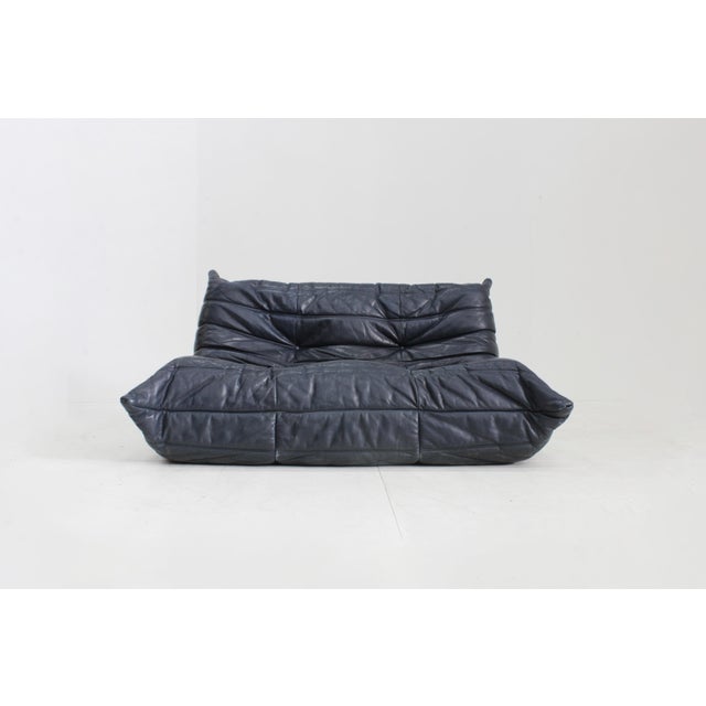 Vintage Togo Two-Seater Sofa in Blue Leather by Michel Ducaroy for Ligne Roset, 1990s For Sale - Image 10 of 10
