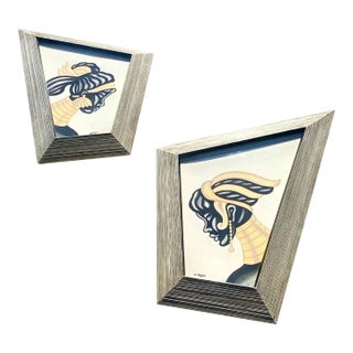 Mid Century Modern Vintage Pair 1950s Ndebele Carlos of Hollywood Watercolor Paintings Rare Atomic For Sale