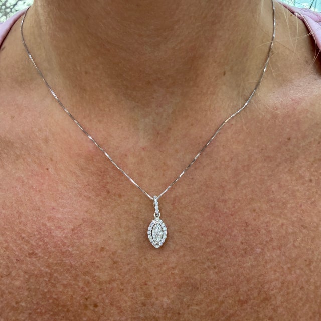 Ladies 14k White Gold 0.56ct Marquise Diamond Halo Pendant Necklace For Sale - Image 9 of 9