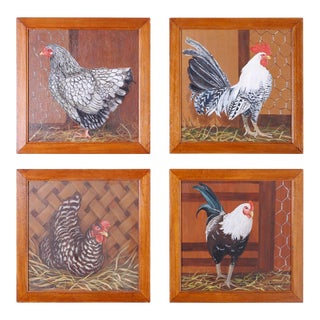 French Oil Paintings on Board of Chickens - Set of 4 For Sale