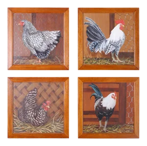 French Oil Paintings on Board of Chickens - Set of 4