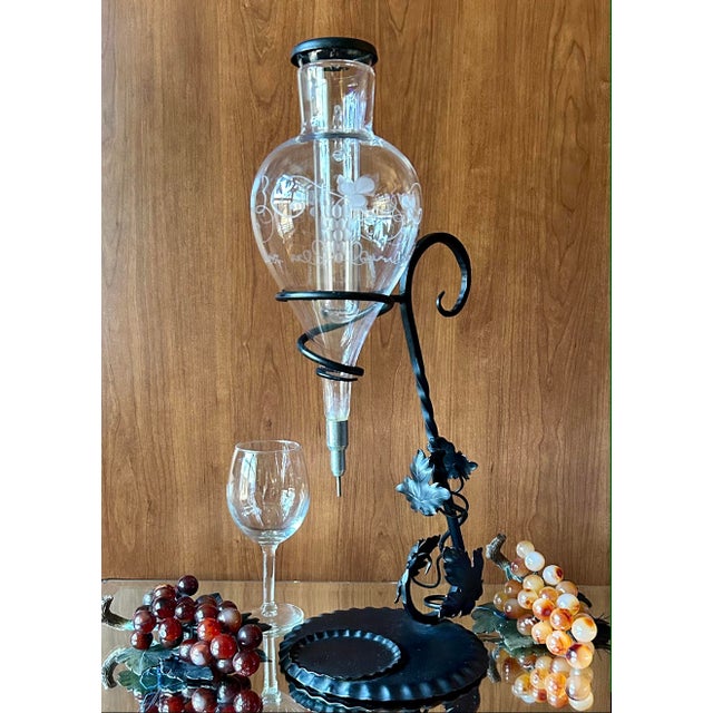 Vintage Italian Wine Dispenser Aerator/Etched Glass Decanter Wrought Iron Stand Chairish