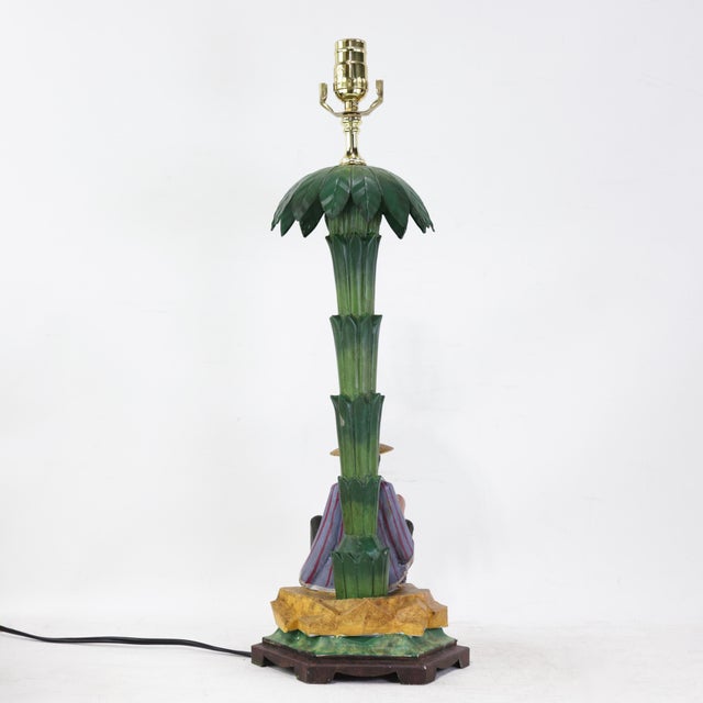 Pair of Vintage Hand-Painted Chinoiserie Tole Palm Tree and Figurine Table Lamps For Sale In New York - Image 6 of 12