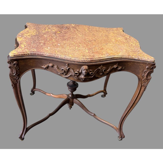 French Antique French Louis XV Style Marble Top Carved Walnut Center Side Ta For Sale - Image 3 of 7
