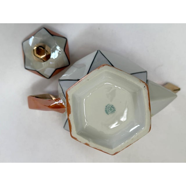1920s Art Deco Teapot With Geometric Orange and White Pattern and Gold Luster Accents For Sale - Image 13 of 16