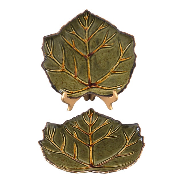 Olive Late 20th Century Glazed Stoneware Roscher Leaf Shaped Olive Green Serving Plates - a Pair For Sale - Image 8 of 8